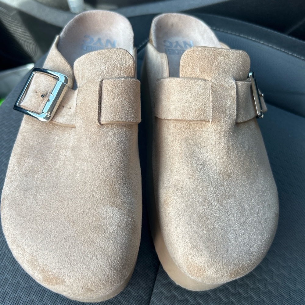 Beige Suede Clogs with Silver Buckle - Picture 3 of 6